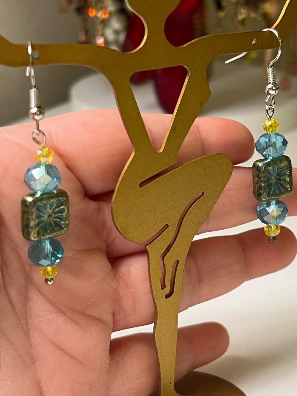 Handmade Czech Glass Tile & Crystal Dangle Earrings - Picture 2 of 3